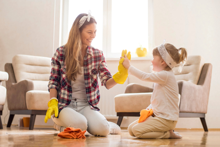 mom and daughter cleaning